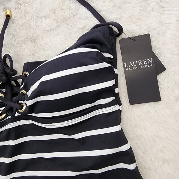 NWT Ralph Lauren Port Black White Stripe Lace Front Tankini Tankini Swim Top - Picture 5 of 10